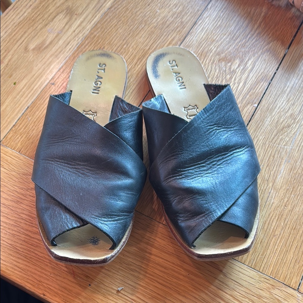 St. Agni Black Leather Slides